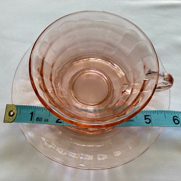 Depression Glass Pink Block Optic Teacups & Saucers - Picture 7 of 7
